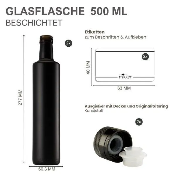 mikken mikken 2x Ölflasche 250 ml 500 ml matt schwarz runde Dosierflasche mit Ausgießer 2 Etiketten – Produktbild 6 von 7