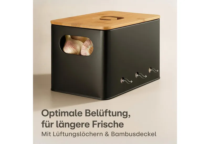 Praknu Vorratsdose Kartoffel Aufbewahrungsbox 3er Set - Mit Belüftung für längere Frische, Eisen, FSC® Bambus, (Aufbewahrungsbox-Set, 7-tlg., 3 Boxen inkl. Zubehör), Stapelbar, Mit FSC® Bambusdeckel, Mit Etiketten & Stift, Schwarz, – Produktbild 3 von 5