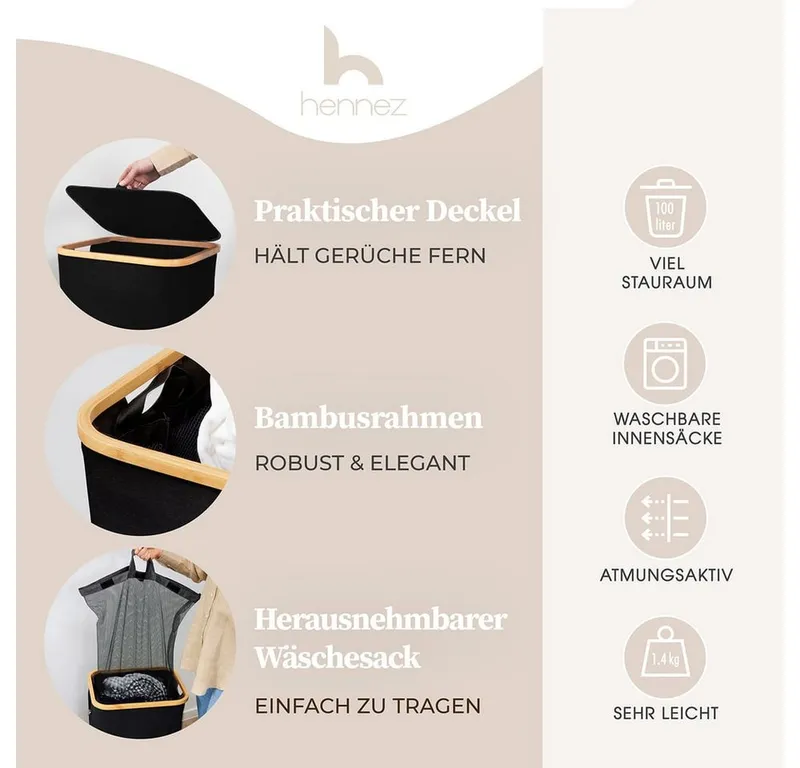 HENNEZ Wäschekorb mit Griff aus Bambus, 100 l – Wäschekorb mit Deckel, Schwarz, – Produktbild 2 von 5