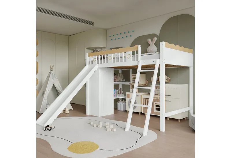 Merax Hochbett mit vierseitigem Muster-Zaun (Etagenbett Jugendbett Einzelbett Kieferholzbett, 1-St) Kinderbett 90x200cm mit Kleiderschrank Rutsche Ablageschrank Leiter, Weiß, – Produktbild 3 von 4