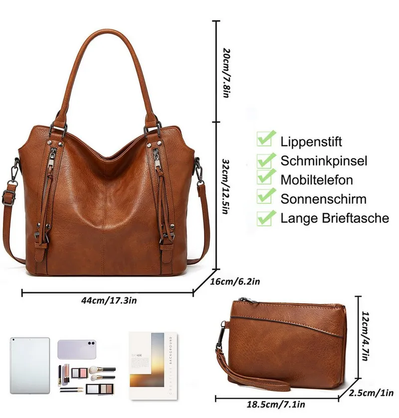 TANTOMI Handtasche Damen Schultertasche Groß Shopper Vegan Handtasche, Handtaschen Umhängetasche Geldbörse Damen Taschen 2-Tlg, Lila, – Produktbild 5 von 5