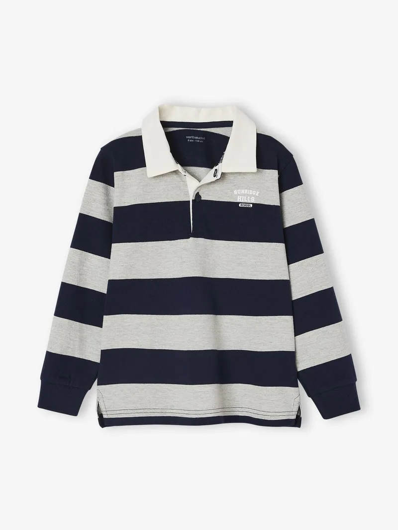 Vertbaudet Vertbaudet Gestreiftes Jungen Langarm-Poloshirt mit Kontrast-Kragen, Grau meliert, – Produktbild 1 von 4