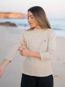 FUXBAU FUXBAU Frauen Fitted Stehkragen Longsleeve - creme braun gestreift – Produktbild 1 von 1