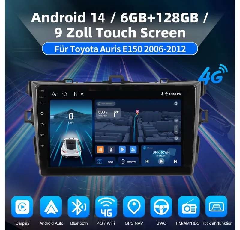 ESSGOO 6+128G DAB+ Autoradio Für Toyota Auris 2006-12 Android 15 Carplay GPS Autoradio (RDS, 6GB+128GB, 4G LTE, FM, AM, DAB+ (optional), ASP, Carplay Android Auto Bluetooth EQ USB GPS Navi WIFI Touchscreen), Schwarz, – Produktbild 2 von 5