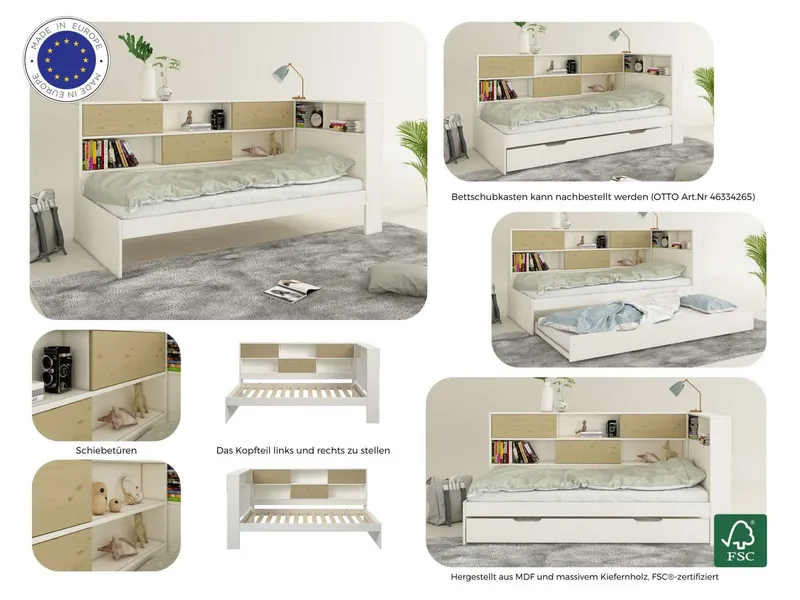 OTTO home Stauraumbett Amance, Kopfteil beidseitig montierbar, stabil und langlebig, Stauraum (Außenmaße B/T/H: 110,2/220,1/106,9 cm), FSC® zertifiziert, inklusive Lattenrost, Made in EU,Massivholz + MDF, Weiß, – Produktbild 3 von 5