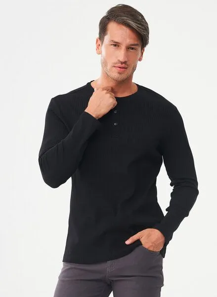 ORGANICATION ORGANICATION Geripptes Henley Langarmshirt aus Bio-Baumwolle, Black, – Produktbild 4 von 4