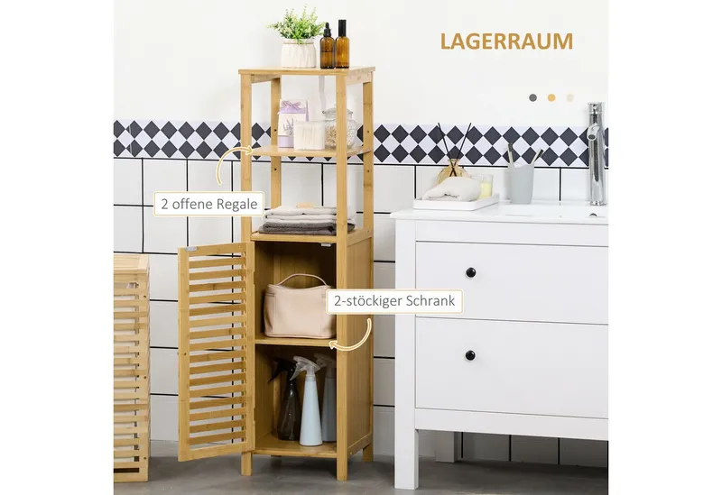 kleankin kleankin Badkommode Badschrank mit Tür, zwei offene Ablagen, Bambus, Hochschrank (Badezimmerschrank, 1 St., Badezimmermöbel), für Badezimmer, 33 x 30 x 120 cm Naturholz, Beige, – Produktbild 3 von 4
