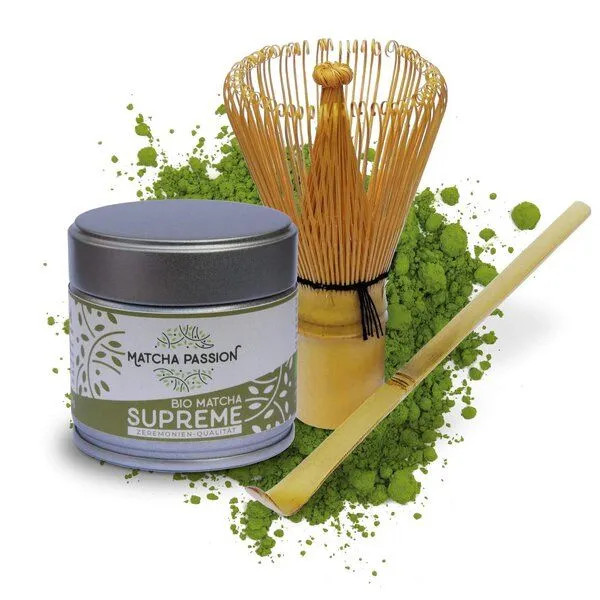 Matcha Passion Matcha Passion Bio Matcha Supreme 30g Dose, Mit bambusbesen & bambuslöffel, – Produktbild 1 von 2