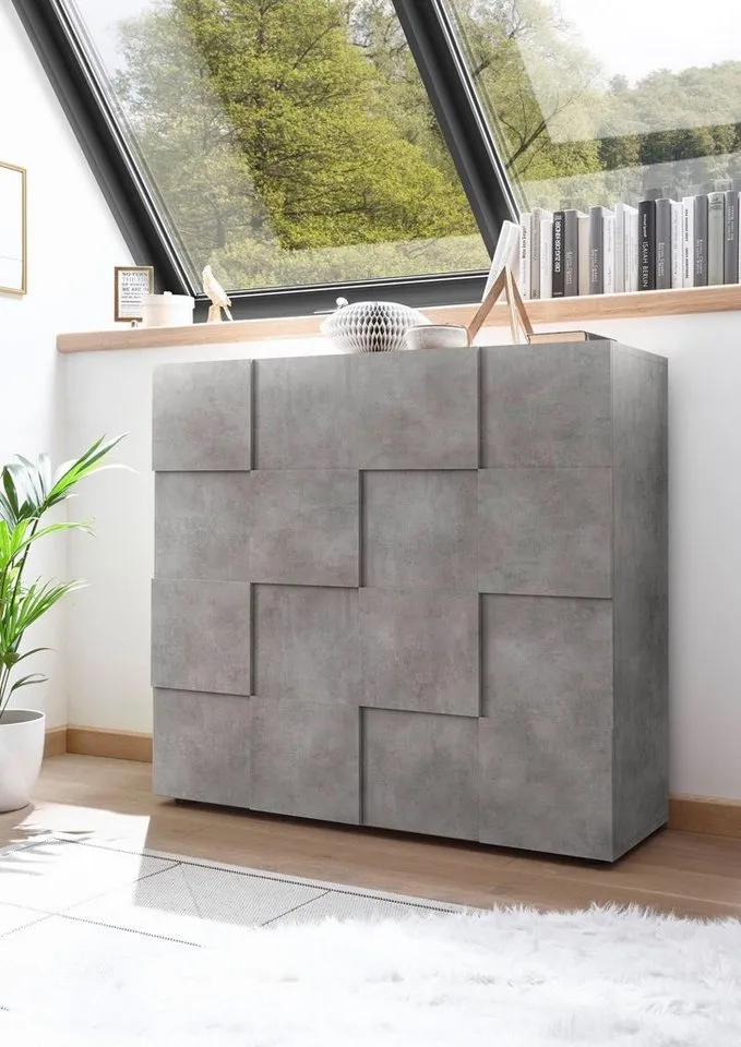 Home affaire Highboard Dama Höhe 111 cm, Breite 121 cm, Kommode 2 Türen, Hochkommode, Front in 3D-Optik, viel Stauraum, verschiedene Farben, Grau, – Produktbild 4 von 8