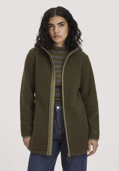 hessnatur hessnatur Wollfleece-Jacke mit Kapuze Regular aus reiner Bio-Merinowolle, Vintage oliv, – Produktbild 1 von 4
