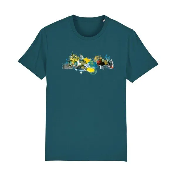 Spangeltangel Spangeltangel bedrucktes T-Shirt, Chemnitz, nachhaltig, Stadt, Herren, Damen, Unisex, Biobaumwolle, Petrol, – Produktbild 1 von 3