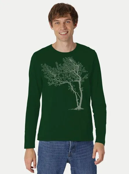 Peaces.bio - handbedruckte Biomode Peaces.bio - handbedruckte Biomode Bio-Herren-Langarmshirt Fancy Tree, Flaschengrün, – Produktbild 2 von 2