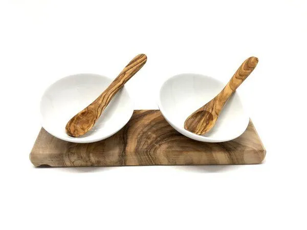 Olivenholz erleben Olivenholz erleben Dipschalenset DESIGN Porzellan schräg inkl. 2 Löffel aus Olivenholz – Produktbild 2 von 3