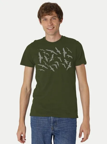 Peaces.bio - handbedruckte Biomode Peaces.bio - handbedruckte Biomode Fit T-Shirt Möwen Herren, Waldgrün, – Produktbild 1 von 2