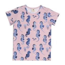 Walkiddy Kinder T-Shirt Bio-Baumwolle GOTS "Blue Seahorses" pink – veganes, fair produziertes Walkiddy Kindershirt mit Seepferdchen-Motiv für fröhliche Kids und empfindliche Haut – Produktbild 1 von 1