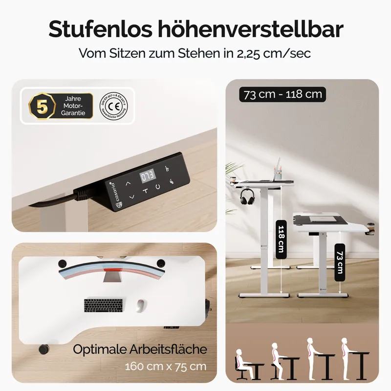 Casaria® Höhenverstellbarer Schreibtisch Weiß 160x75x73-118cm, Weiß, – Produktbild 2 von 2