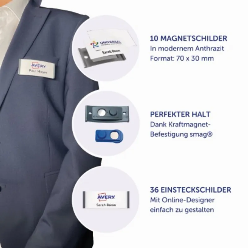 Avery Zweckform Avery Zweckform 10 Namensschilder 'Polar30' mit Magnet, anthrazit, 70 x 30 mm – Produktbild 1 von 3