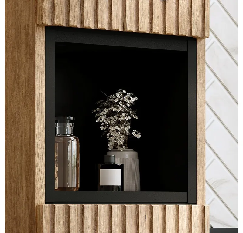 Lomadox Hochschrank NEWPORT-56-EVOKE Badschrank Eiche Rillen 30 cm Fach in Schwarz grifflos Softclose Türen, Braun, – Produktbild 2 von 5