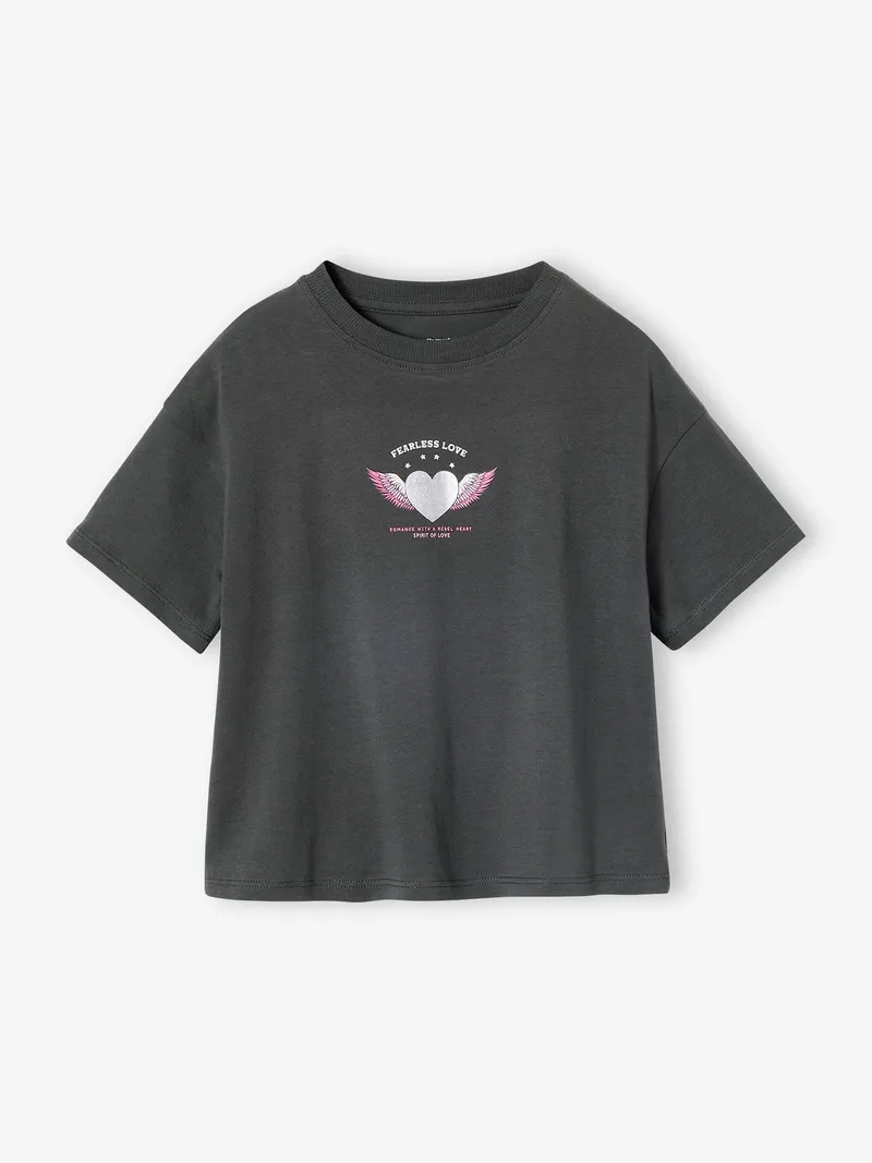 Vertbaudet Bedrucktes Mädchen T-Shirt, Anthrazit herz, – Produktbild 1 von 2