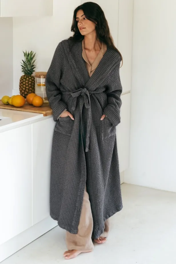 AmourLinen AmourLinen Damen vegan Bademantel Waffel Snuggle Holzkohle, Dunkelgrau, – Produktbild 2 von 2