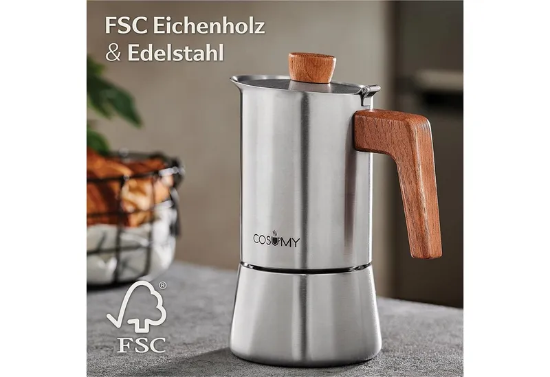 Cosumy Espressokocher, Induktionsgeeignet, FSC-zertifiziertes Eichenholz, Silberfarben, – Produktbild 3 von 5