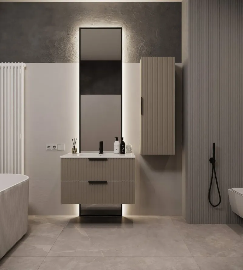 welltime Waschtisch TIBU mit Waschbecken. 2 Schubladen. 2 Breiten (60/80cm) und 4 Farben, Badschrank mit Waschbecken, Softclose, Maße B/H/T: 81,5/53/47 cm, Beige, – Produktbild 2 von 5