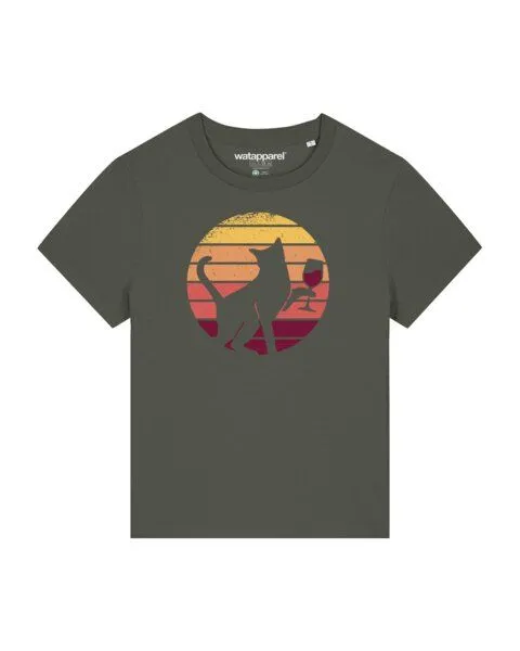 watapparel watapparel T-Shirt Frauen Sunset Katze & Rotwein, Khaki, – Produktbild 1 von 3