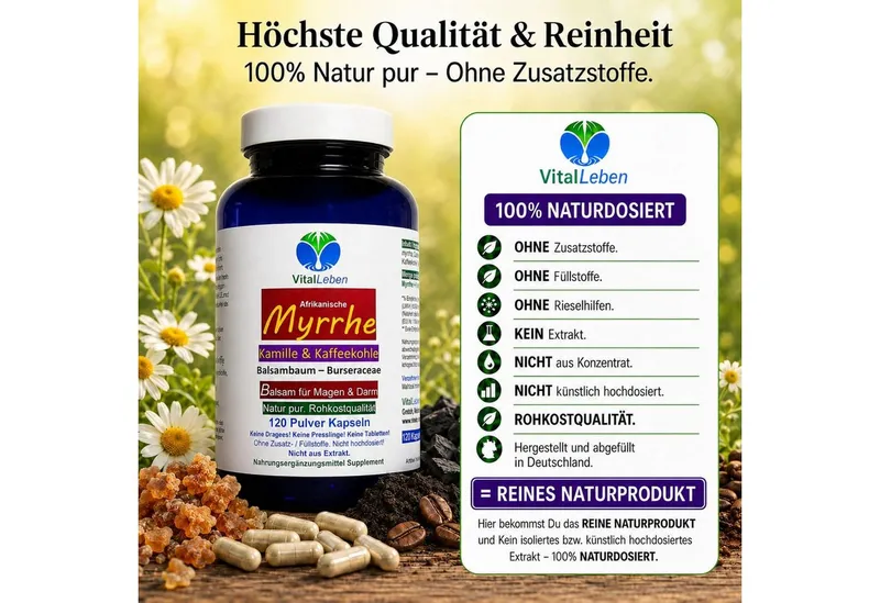 VitalLeben Myrrhe Kamille Kaffeekohle nach Hildergard v. Bingen ohne Zusatzstoffe Kapseln, 1 er Dose à 120 St., 60 g, Art. 27160-120 – Produktbild 4 von 5