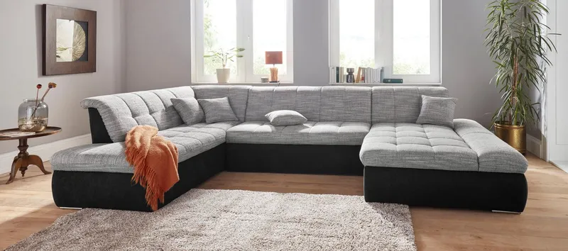 DOMO collection Wohnlandschaft PB MORIC wahlweise mit Bettfunktion und Armteilverstellung U-Form, XXL-Format B/T/H: 353/216/80 cm, feine Steppung, incl. Zierkissen, Grau|schwarz, – Produktbild 2 von 4