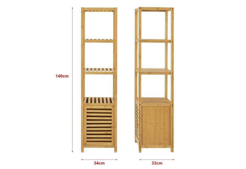 en.casa Standregal, »Liminka« Badregal mit Schranktür 4 Ablagen Bambusregal Natur, Beige, – Produktbild 3 von 4