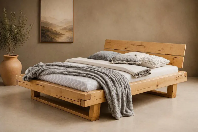 OTTO home Massivholzbett Ultima, Balkenbett, Fichte oder Eiche Massivholz, FSC® zertifiziert (sehr stabil: Hohe Belastbarkeit: 200kg je Seite, mehrere Breiten), Skandinavisches Designerstück, Robust, Füße in Kufenform, Made in EU, Beige, – Produktbild 2 von 7