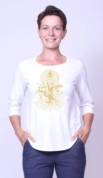 Peaces.bio - handbedruckte Biomode Peaces.bio - handbedruckte Biomode Bio-Damen-3/4 Arm Shirt Ganesha, Weiss, – Produktbild 2 von 2