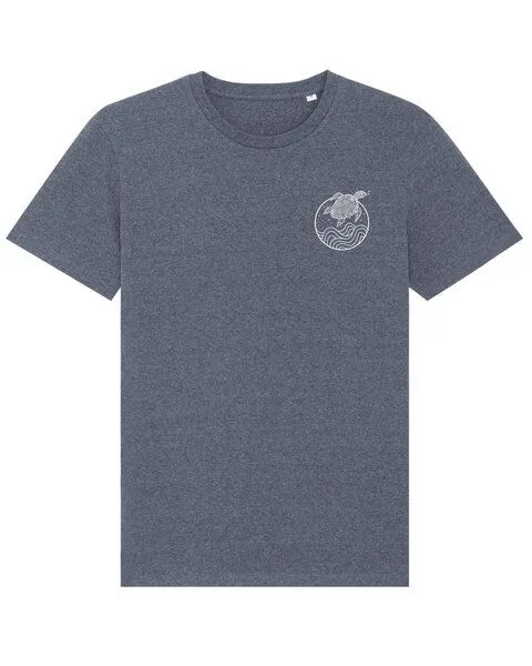 vis wear vis wear Schildkröte zwischen Ozean und Wellen - Unisex T-Shirt - Recycled Bio Baumwolle, Blau meliert, – Produktbild 3 von 4