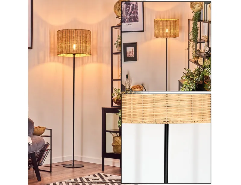 hofstein Stehlampe Stehlampe aus Metall/Bambus in Schwarz/Natur, ohne Leuchtmittel, mit rundem Schirm (40 cm) u. Fußschalter, 1 x E27, ohne Leuchtmittel, Beige, – Produktbild 2 von 5