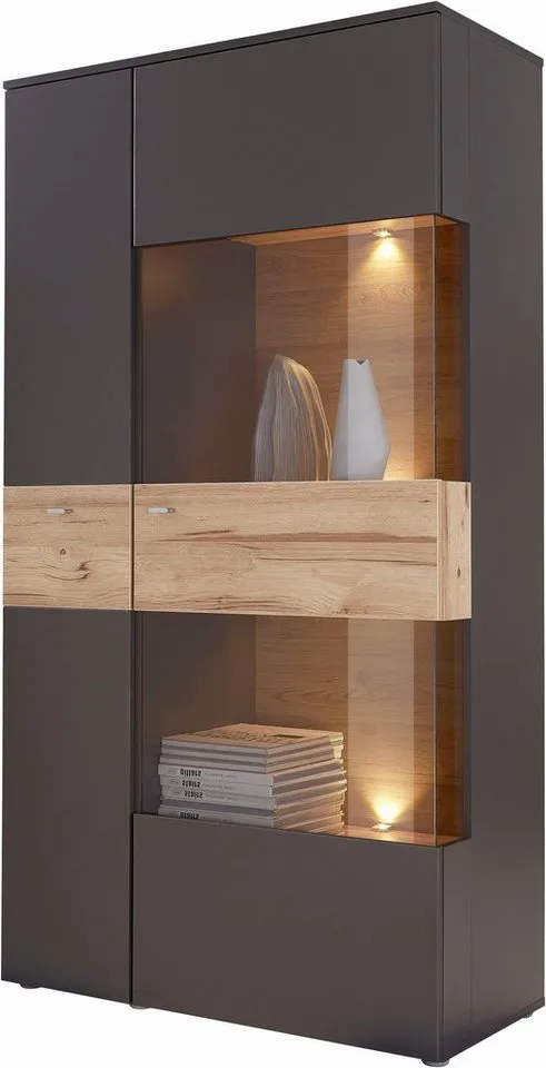 FORTE Vitrine Como Highboard, LED Beleuchtung Einlegeböden, Glastüre, Soft Close, Grau, – Produktbild 6 von 8