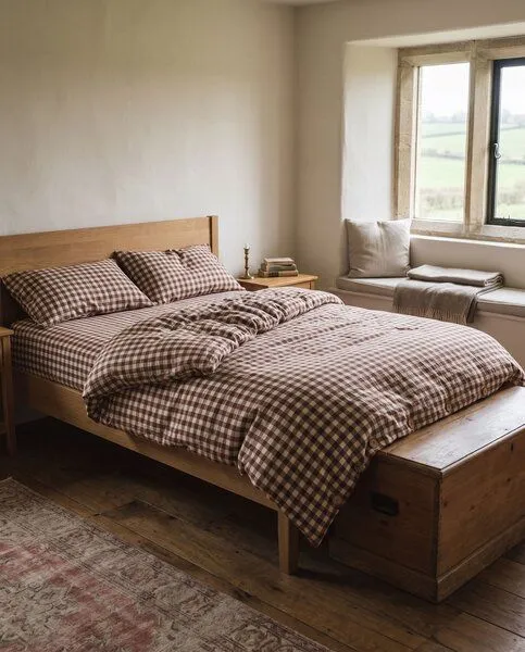 AmourLinen AmourLinen Bettdecke aus Leinen, Mokka gingham, – Produktbild 1 von 4