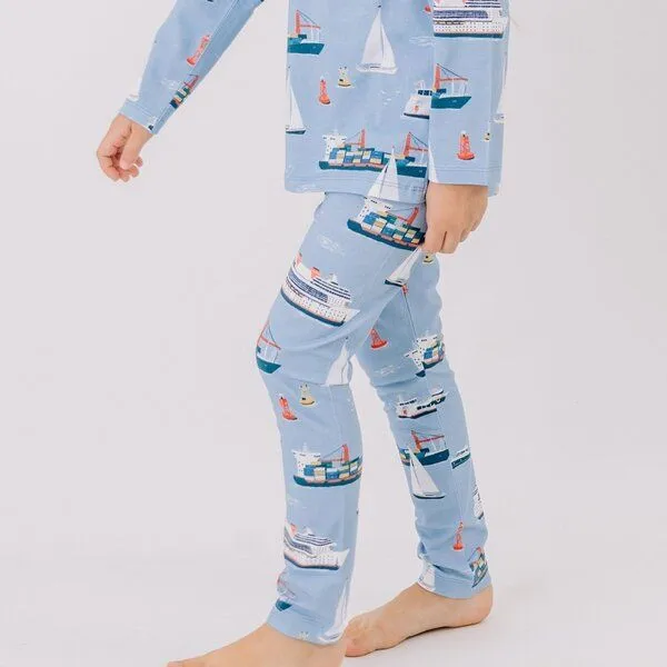 Walkiddy Walkiddy Leggings Hellblau Marine Adventures Schiffe-Allover Bio-Baumwolle GOTS – Produktbild 1 von 3