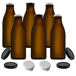 mikken mikken 6x Milchflasche braun 1,0 Liter Glasflasche mit Deckel + Frischhaltedeckel und Etiketten – Produktbild 1 von 1
