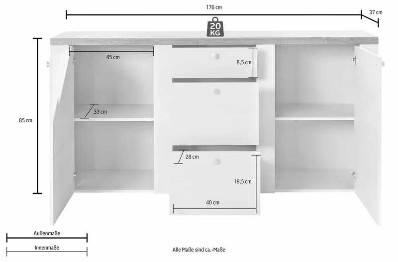 OTTO home Sideboard Larona, zeitlose Kommode mit 2 Türen, 3 Schubkästen, Türkommode, Höhe 84 cm, viel Stauraum, Anrichte mit dekorativer Rahmenoptik, Beige, – Produktbild 5 von 5