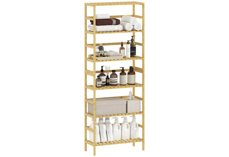 HOMCOM HOMCOM Standregal Badregal Bambus Küchenregal, für Bad, Wohnzimmer, 60 x 26 x 161 cm, 6-stöckiges Bücherregal 1-tlg., höhenverstellbare Regalböden, Beige, – Produktbild 2 von 5
