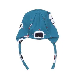 Walkiddy Baby Mütze GOTS zertifiziert, Bio-Baumwolle, blau, Tier-Muster, Bindebänder, weich & bequem – Walkiddy – Produktbild 1 von 1
