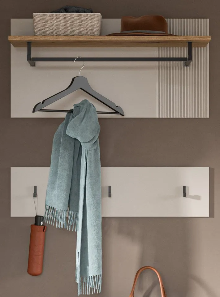 Inn.Furn Garderobenpaneel Skid (Wandgarderobe in Kaschmir Sand mit Eiche, Set 2-teilig, 80 x60 cm), mit Kleiderstange und Fräsungen, Beige, – Produktbild 3 von 5