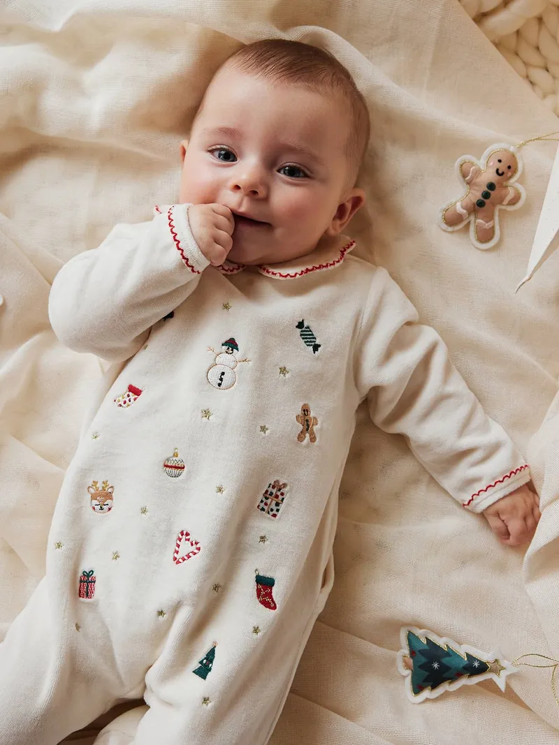 Vertbaudet Baby Samt-Strampler mit Weihnachts-Stickereien, Wollweiß, – Produktbild 1 von 4