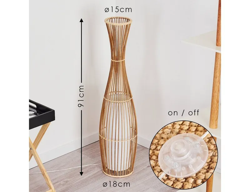 hofstein Stehlampe »Archi« Stehleuchte Vintage Bodenleuchte aus Bambus/Stoff, Natur/Weiß, ohne Leuchtmittel, Ø18cm, E27, im Boho-Style mit Fußschalter am Kabel, Beige|braun, – Produktbild 2 von 5