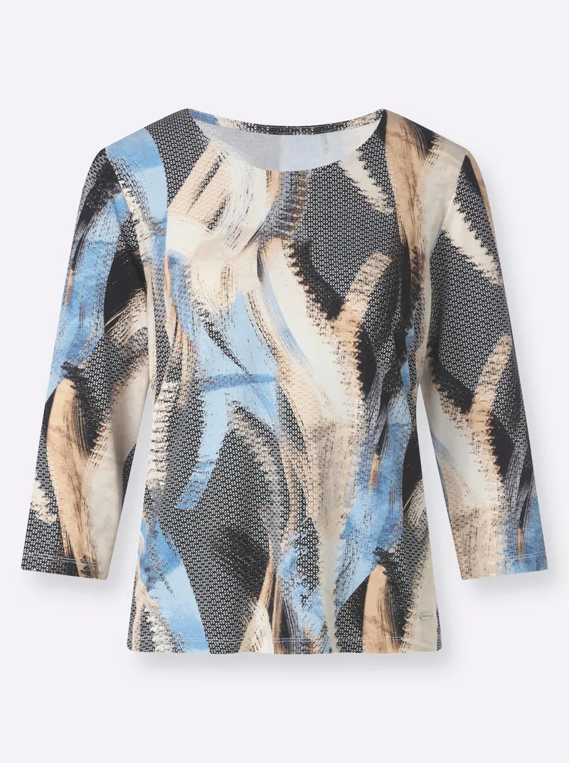 Witt Rundhalsshirt mittelblau-camel-bedruckt, Mittelblau-camel-bedruckt, – Produktbild 1 von 2