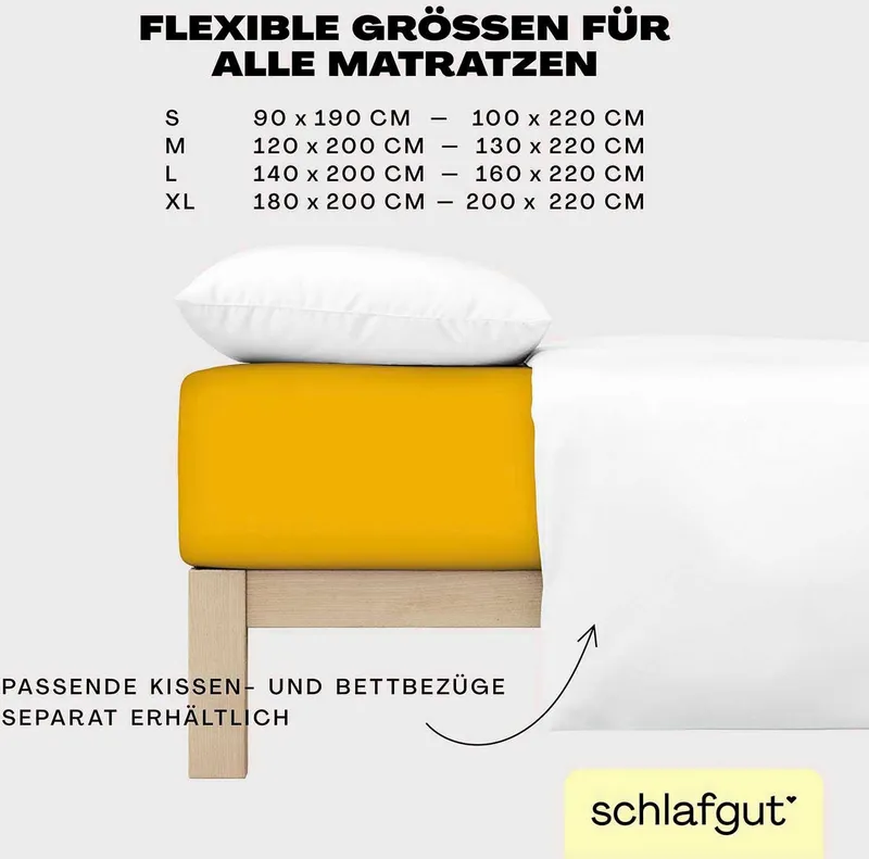 Schlafgut Schlafgut Spannbettlaken EASY JERSEY ELASTHAN Bettlaken, 170 g/m², 95% Baumwolle, 5% Elasthan, Jersey, Gummizug: rundum, (1 Stück), Spannbettlaken bis 30 cm Höhe, bügelfrei, pflegeleicht, perfekter Sitz, Gelb, – Produktbild 1 von 5