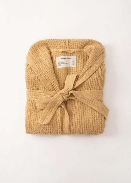 AmourLinen AmourLinen Waffel-Bademantel aus Leinen für Damen, Senfgelb, – Produktbild 1 von 4