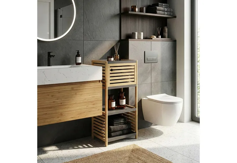 en.casa Badregal, »Kydesby« 83 x 39 x 30 cm 1 Tür 2 offene Fächer Bambus Natur/Grau, Beige|grau, – Produktbild 2 von 5