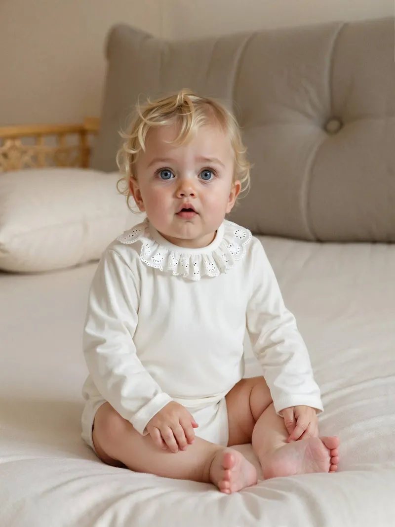 Vertbaudet Baby Langarm-Body mit besticktem Kragen personalisierbar, Wollweiß, – Produktbild 1 von 3