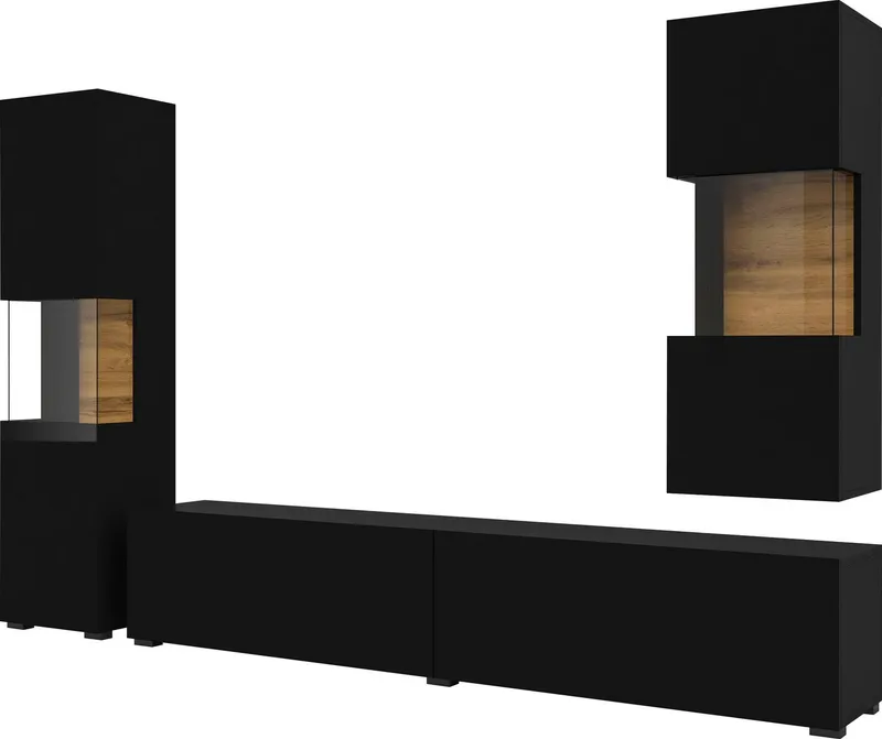Home affaire Wohnwand Ava, Wohnzimmer-Set hängend/stehend montierbar, Vitrine, Lowboard, 3-tlg., Schwarz, – Produktbild 1 von 4
